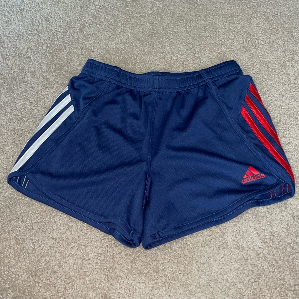 Adidas juniors navy blue, red, and white athletic shorts
